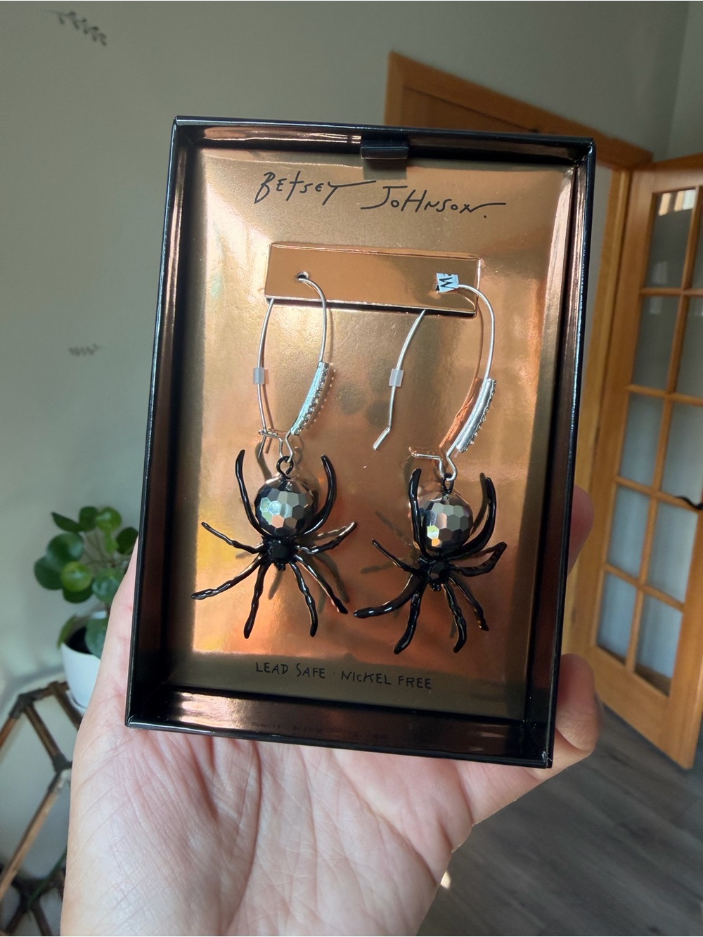 Betsey Johnson Black Spider Earrings with Iridescent Beads